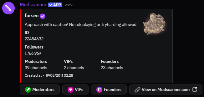 Discord Bot channel lookup showing moderators and VIPs